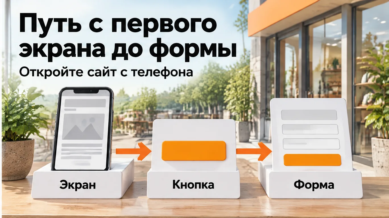 Путь с первого экрана до формы заявки Схема заявки с сайта: первый экран, кнопка и форма, кнопка не спрятана внизу страницы